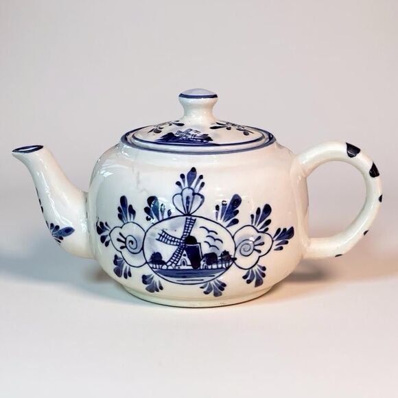 Vintage Delft Blue & White Small Hand-Painted Porcelain Teapot – Windmill Design - Picture 1 of 14